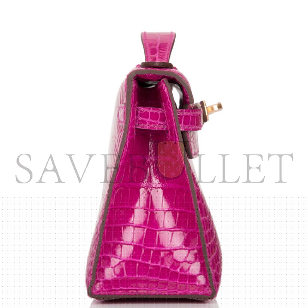 HERMÈS MASTER ROSE SCHEHERAZADE SHINY ALLIGATOR MINI KELLY POCHETTE GOLD HARDWARE (22*14*7cm)